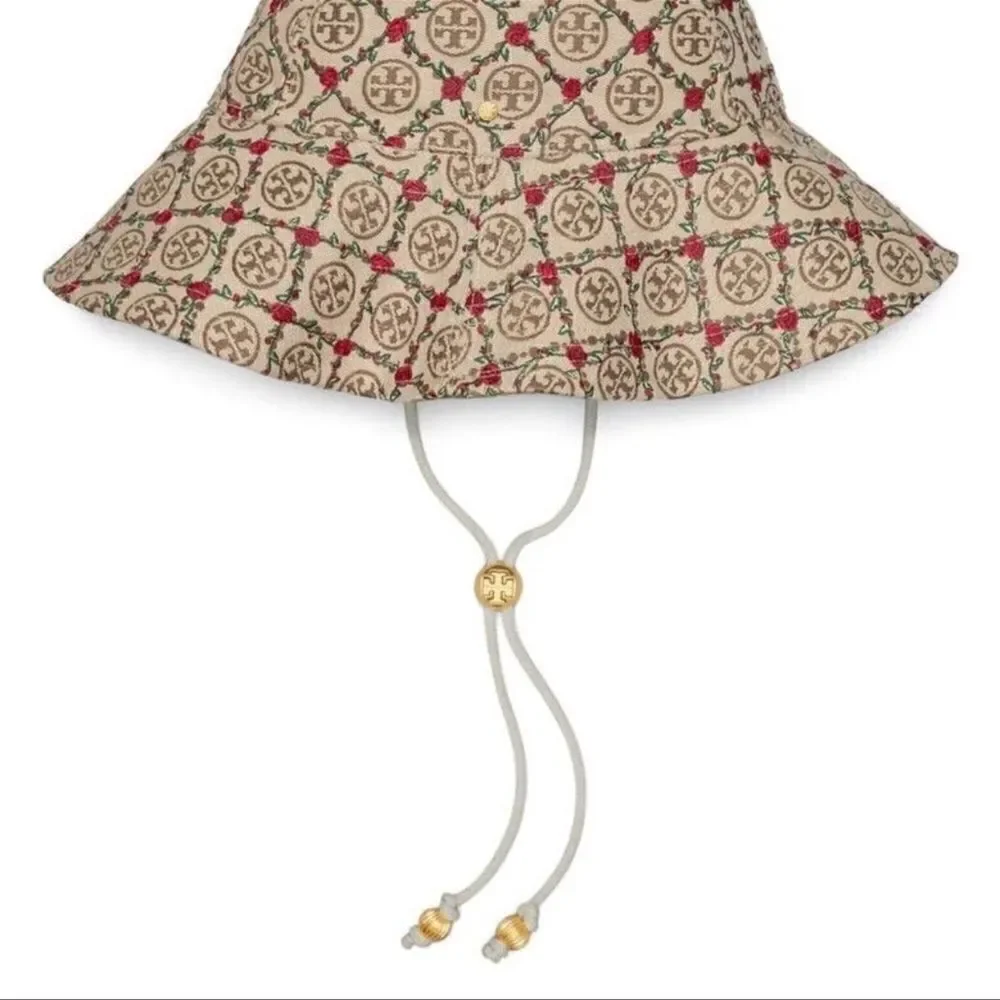 Tory Burch OS Beige Tan Red Monogram Embroidered Climbing Rose Bucket Hat